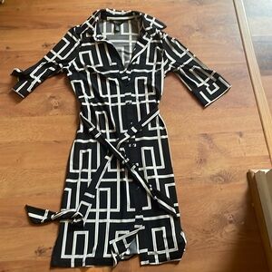 Black and cream button down dress with belt